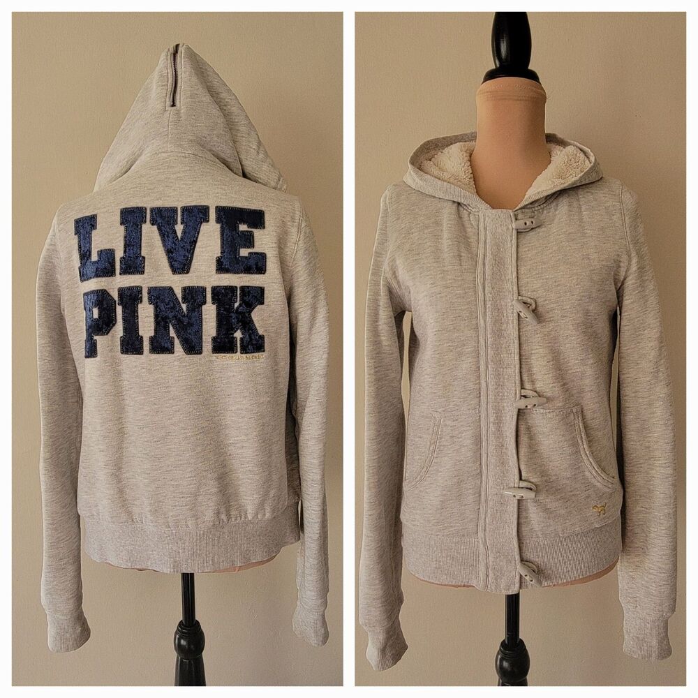 M Victoria's Secret PINK Gray Sweatshirt Blue Velvet Wording Gold Stitching 🐕